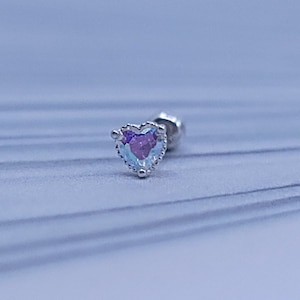 925 Silver, 20G thickness, Cute Small Heart Shaped AB Stone Piercing for Cartilage and Earlobe, 6mm length, Stud size is about 4 mm