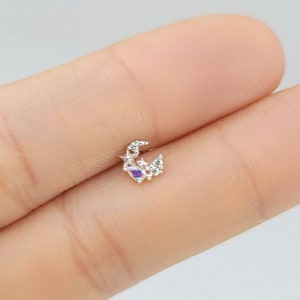 925 Silver, 20G thickness, Moon with AB stone Piercing for Cartilage and Earlobe, 6mm length, Stud size is 5 x 6.5 mm