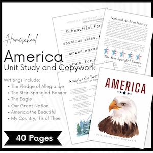 Estudio de unidad y trabajo de copia de los Estados Unidos de América, imprimible de educación en el hogar patriótico de EE. UU. para la canasta matutina de Charlotte Mason