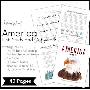 United States of America Unit Study and Copywork, USA Patriotic Homeschool Printable for Charlotte Mason Morning Time Basket