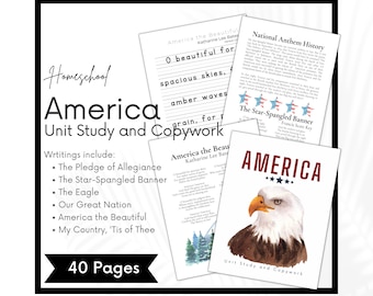 United States of America Unit Study and Copywork, USA Afdrukbare patriottische thuisschool voor Charlotte Mason Morning Time Basket