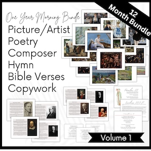 Charlotte Mason Morning Time Volume 1, One Year, Homeschool Morning Menu, Picture Artist Study, Poetry, Composer, Hymn Bible Verses Copywork