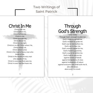 May include: Two white pages with text from Saint Patrick. The left page reads "Christ In Me" with a cross graphic and a poem. The right page reads "Through God's Strength" with a cross graphic and a poem. The number 9 is at the bottom left and the number 3 is at the bottom right.