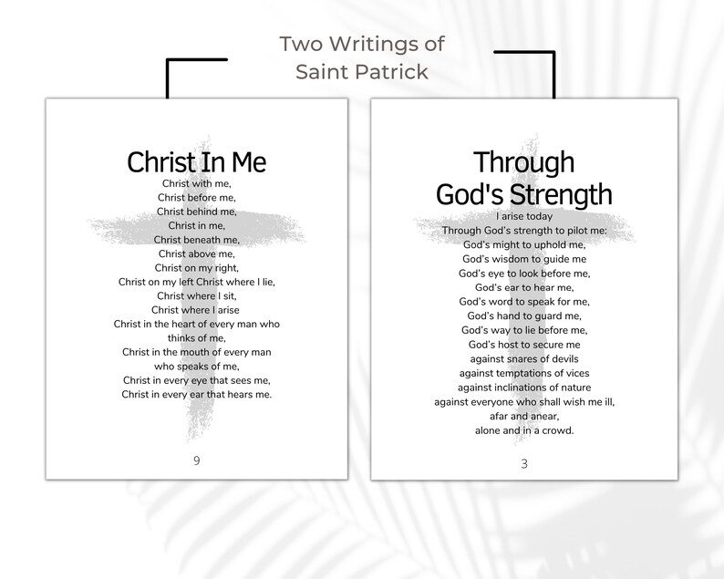 May include: Two white pages with text from Saint Patrick. The left page reads "Christ In Me" with a cross graphic and a poem. The right page reads "Through God's Strength" with a cross graphic and a poem. The number 9 is at the bottom left and the number 3 is at the bottom right.