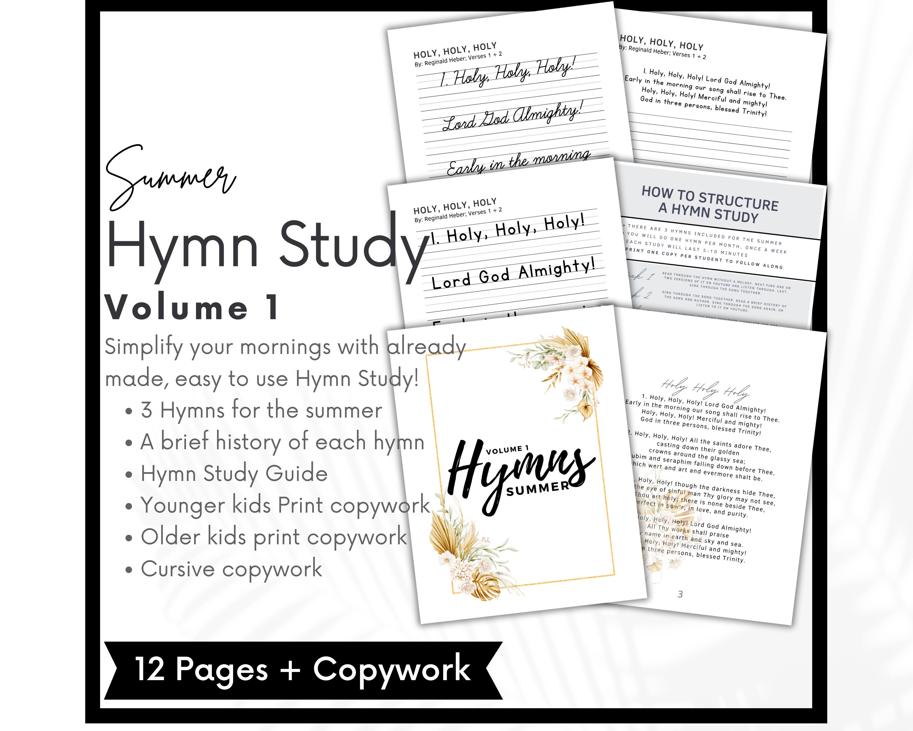 Summer Hymn Study, Charlotte Mason, Volume 1, Hymnody, morning menu, print copywork, cursive copywork homeschool printable