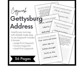 Può includere: Pagine di copia stampabili in bianco e nero con il discorso di Gettysburg di Abraham Lincoln. Il testo è suddiviso in righe singole per facilitare la pratica. Il titolo "Copywork Gettysburg Address" è in cima alla pagina. Il testo "36 Pages" è in fondo alla pagina.