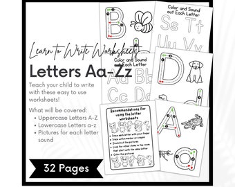 Könnte beinhalten: Schwarz-weiße druckbare Arbeitsblätter zum Erlernen des Alphabets. Die Arbeitsblätter zeigen Groß- und Kleinbuchstaben, ein Bild für jeden Buchstaben und Linien zum Nachzeichnen. Der Text auf der Seite lautet: "Lernen Sie Schreiben Arbeitsblätter Buchstaben Aa-Zz Bringen Sie Ihrem Kind das Schreiben mit diesen einfach zu verwendenden Arbeitsblättern bei! Was wird behandelt: Großbuchstaben A-Z Kleinbuchstaben a-z Bilder für jeden Buchstaben-Laut 32 Seiten".