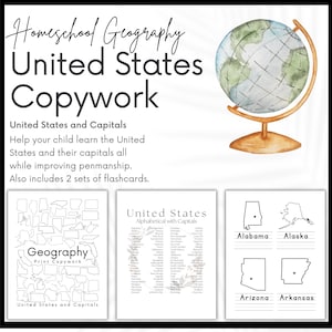 US States and Capitals Print Copywork and Flashcards, Geography Homeschool Printable for Charlotte Mason Copywork