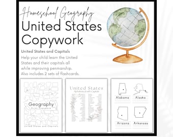 Può includere: Fogli di lavoro stampabili per la scuola domestica Geografia degli Stati Uniti. I fogli di lavoro includono una mappa degli Stati Uniti con gli stati e le capitali, un elenco alfabetico degli stati e delle capitali e un set di sagome di stati vuote con spazio per scrivere il nome dello stato e la capitale.