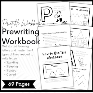 Puede incluir: Cuaderno de trabajo de preescritura imprimible en blanco y negro con 69 páginas. El cuaderno de trabajo presenta una variedad de actividades para ayudar a los niños a aprender a escribir letras, incluyendo trazar líneas, conectar puntos y colorear. El cuaderno de trabajo también incluye consejos para enseñar a los niños a escribir.
