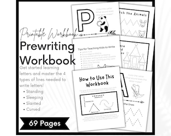 May include: Black and white printable prewriting workbook with 69 pages. The workbook features a variety of activities to help children learn to write letters, including tracing lines, connecting dots, and coloring. The workbook also includes tips for teaching kids to write.