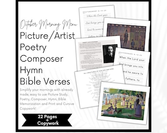 Charlotte Mason October Morning Time, Homeschool Morning Menu, Picture Artist Study, Poetry, Composer, Hymn Bible Verses, Copywork cursive