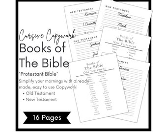 Books of the Bible Cursive Copywork, Homeschool handwriting practice sheets, Charlotte mason, learn to write printable scripture for kids