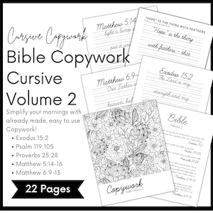 Puede incluir: Páginas de caligrafía cursiva imprimibles en blanco y negro para versículos bíblicos. Las páginas presentan un diseño floral e incluyen versículos como Éxodo 15:2, Salmo 119:105, Proverbios 25:28, Mateo 5:14-16 y Mateo 6:9-13. Hay 22 páginas en total.