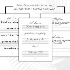 May include: A printable worksheet with lined paper for practising cursive handwriting. The worksheet features the phrase "Children, obey your parents in everything, for this pleases the Lord. Colossians 3:20" in cursive handwriting.