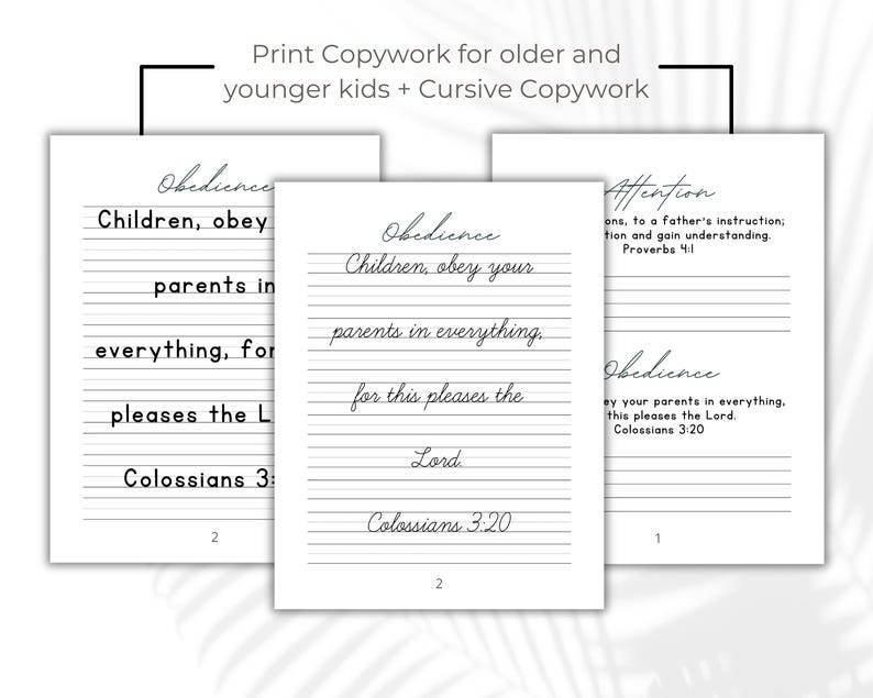 May include: A printable worksheet with lined paper for practising cursive handwriting. The worksheet features the phrase "Children, obey your parents in everything, for this pleases the Lord. Colossians 3:20" in cursive handwriting.