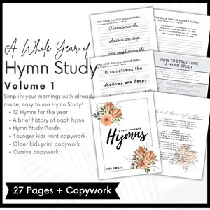 Ein Jahr der Hymne Studie, Charlotte Mason Hymne Studie, Band 1, Hymnody, Morgenmenü, Druckkopieren, kursive Kopieren, Homeschool druckbar