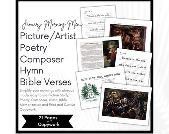 Charlotte Mason January Morning Time,  Homeschool Morning Menu, Picture Artist Study, Poetry, Bible Verses, Morning Basket Bundle, Copywork