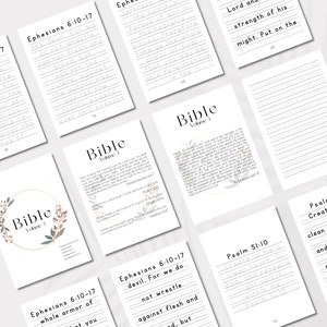 May include: A set of printable Bible journaling pages with floral designs and the text "Bible Volume 1" and "Bible Volume 3". The pages include verses from Ephesians 6:10-17 and Psalm 51:10.