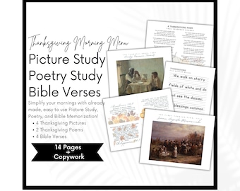 Charlotte Mason Thanksgiving Morning Time,  Homeschool Morning Menu, Picture Art Study, Poetry, Bible Verses, Morning Basket, Copywork