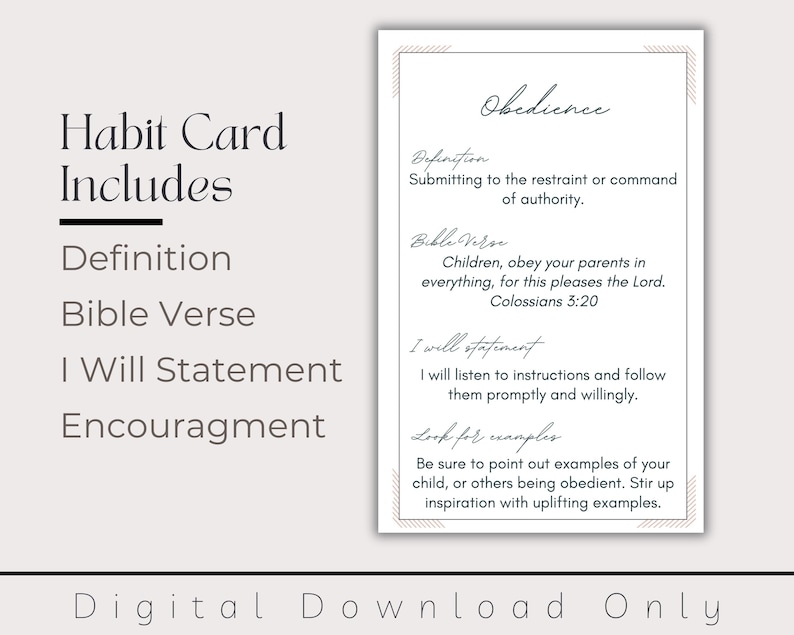May include: A printable habit card for children focusing on obedience. The card includes a definition, a Bible verse, an "I will" statement, and encouragement for parents.