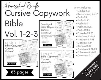 Bibel-Cursive Copywork Bundle, Homeschool Handschrift Übungsblätter, Charlotte Mason Copywork, lernen Sie, druckbare Schriften für Kinder zu schreiben