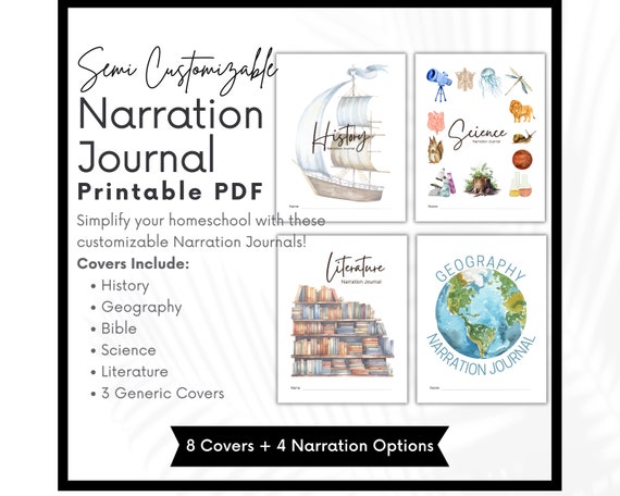Narration Journal Notebook, Charlotte Mason Printable Homeschool Narration, Written and Illustrated Options, History, Bible, Geography+