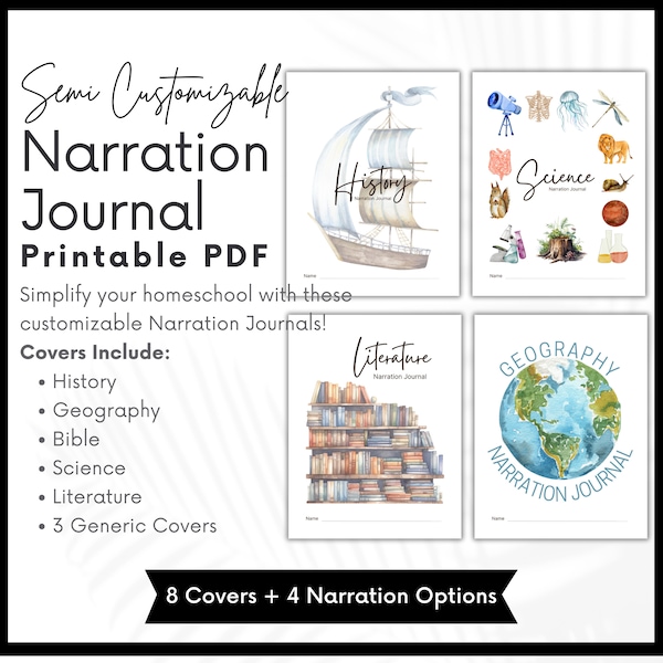 Narration Journal Notebook, Charlotte Mason Printable Homeschool Narration, Written and Illustrated Options, History, Bible, Geography+