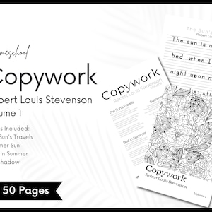 May include: Homeschool copywork book featuring poems by Robert Louis Stevenson, including "The Sun's Travels." The cover displays the title, author, and volume number. The image also shows sample pages with lined writing and floral illustrations. The book has 50 pages.