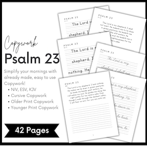 Copias para la escuela en casa de Charlotte Mason, Salmo 23, letra imprenta y cursiva, NVI, ESV, RV Práctica de escritura a mano, Dictado, Tiempo de la mañana