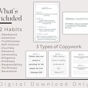 May include: A printable worksheet featuring a list of 12 habits, including obedience, attention, truthfulness, self-control, courtesy, patience, generosity, diligence, kindness, responsibility, thriftiness, and reverence. The worksheet also includes three different types of copywork, each with a Bible verse about obedience. The copywork is designed to help children learn about obedience and how to apply it to their lives.