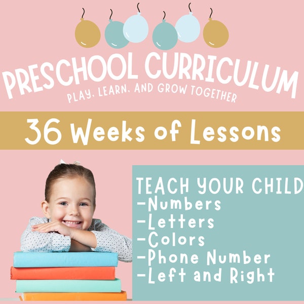 Preschool Curriculum Printable for Homeschool, teach letters, numbers, colors and phone number at home program