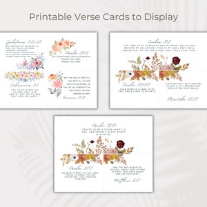 May include: Printable cards with floral designs and Bible verses. The verses include Galatians 5:22-23, Psalm 150:6, Colossians 3:2, Romans 15:13, Psalm 119:105, Proverbs 25:28, Psalm 51:10, Psalm 107:1, and Matthew 8:27.
