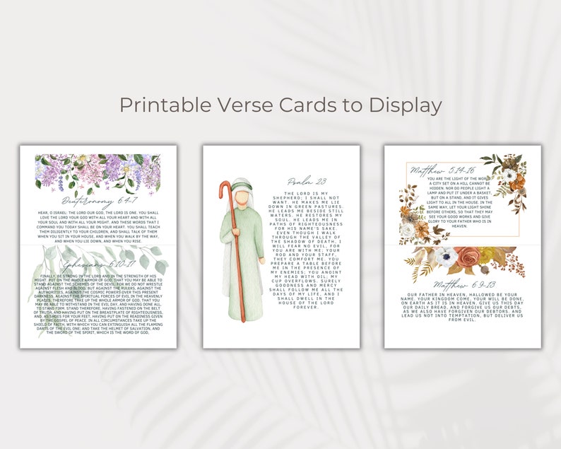 May include: Printable cards with watercolor floral designs and bible verses. The verses include Deuteronomy 6:4-7, Psalm 23, Matthew 5:14-16, and Matthew 6:9-13.