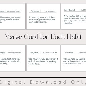 May include: A printable set of 6 verse cards with a white background and black text. Each card features a different virtue, a Bible verse, and the book and chapter of the verse. The virtues are Obedience, Attention, Self-Control, Truthfulness, Diligence, and Patience.