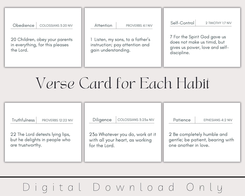 May include: A printable set of 6 verse cards with a white background and black text. Each card features a different virtue, a Bible verse, and the book and chapter of the verse. The virtues are Obedience, Attention, Self-Control, Truthfulness, Diligence, and Patience.