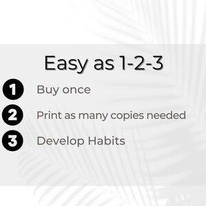 May include: A white background with black text that reads "Easy as 1-2-3".  There are three numbered steps: 1. Buy once, 2. Print as many copies needed, 3. Develop Habits.