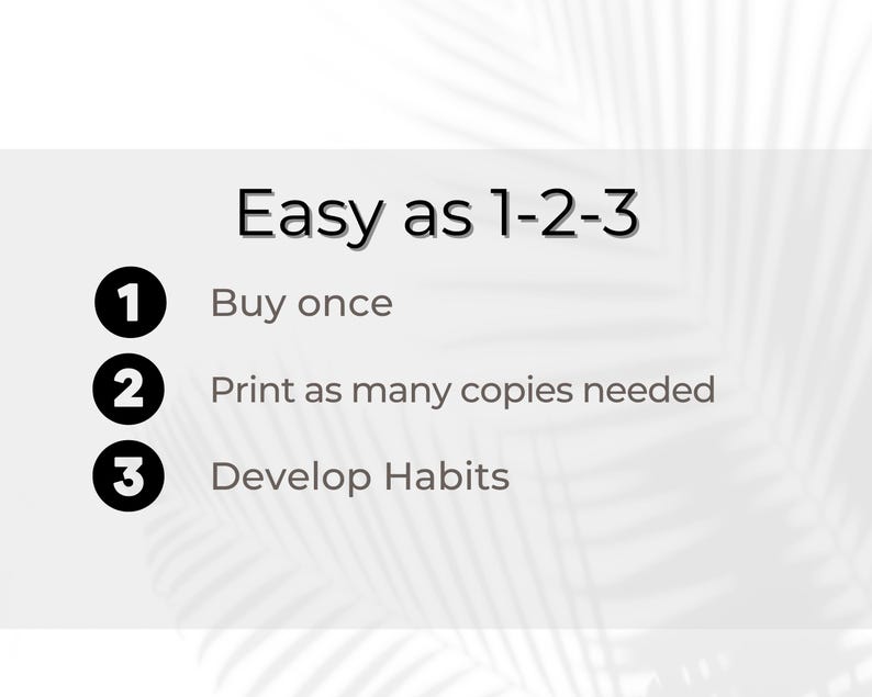 May include: A white background with black text that reads "Easy as 1-2-3".  There are three numbered steps: 1. Buy once, 2. Print as many copies needed, 3. Develop Habits.