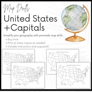 USA und Hauptstädte Kartenarbeit, Charlotte Mason Kartenbohrer, Geographie, Copywork, Kartenfragen, Homeschool zum Ausdrucken