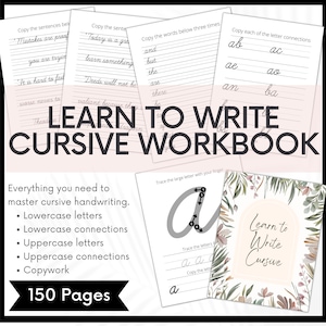 Learn to write cursive workbook, Homeschool handwriting practice worksheets, Charlotte mason copywork, cursive printable for adults and kids