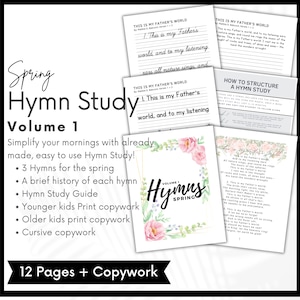 Spring Hymn Study, Charlotte Mason, Volume 1, Hymnody, morning menu, print copywork, cursive copywork homeschool printable