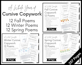 One Year of Cursive Copywork with 36 Seasonal Poems to Study, Charlotte Mason Homeschooling Printable, Morning Basket, Poetry teatime