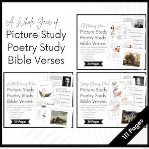 One Year of Charlotte Mason Morning Time,  Homeschool Morning Menu, Picture Art Study, Poetry, Bible Verses, Morning Basket Bundle, Copywork