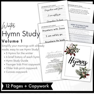 Winter Hymn Study, Charlotte Mason, Volume 1, Hymnody, morning menu, print copywork, cursive copywork homeschool printable