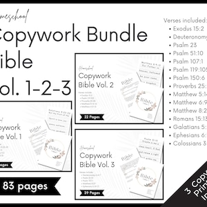 May include: A homeschool copywork bundle for the Bible, featuring three volumes with 83 pages total. Each volume includes verses from the Bible, such as Exodus 15:2, Deuteronomy 6:4-7, Psalm 23, and more. The bundle includes three printable copywork pages.