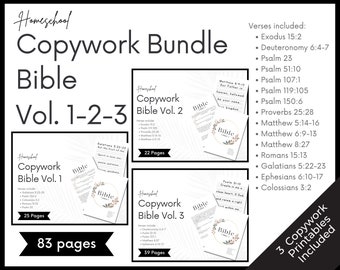 Bible Print Copywork Bundle, Homeschool handwriting practice sheets, Charlotte Mason copywork, learn to write printable scripture for kids