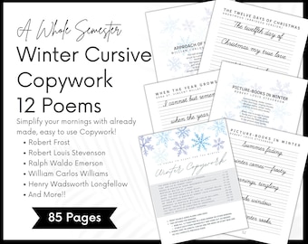 Winter Cursive Copywork and Seasonal Poetry Study, Charlotte Mason Homeschooling Printable, Morning Basket, Poetry teatime, Robert Frost