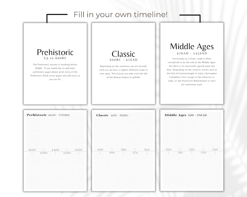 May include: A black and white timeline template with the headings "Prehistoric", "Classic", and "Middle Ages". The template is divided into three sections, each with a grid for filling in dates and events.