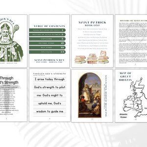 May include: A collection of Saint Patrick's Day themed pages. The pages include a portrait of Saint Patrick, a table of contents, book recommendations, and a map of Great Britain. The pages are in shades of green and white.