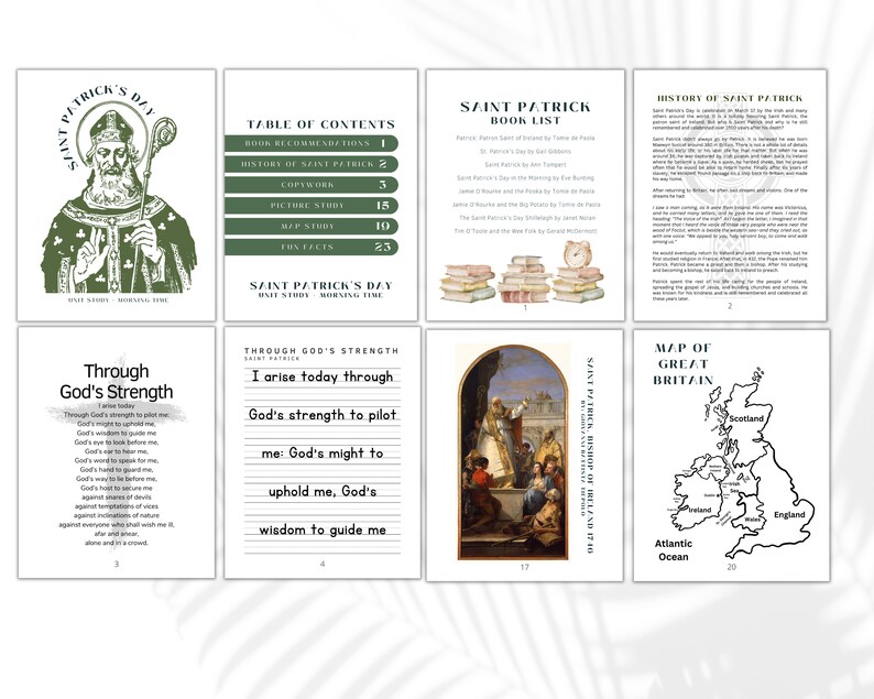 May include: A collection of Saint Patrick's Day themed pages. The pages include a portrait of Saint Patrick, a table of contents, book recommendations, and a map of Great Britain. The pages are in shades of green and white.